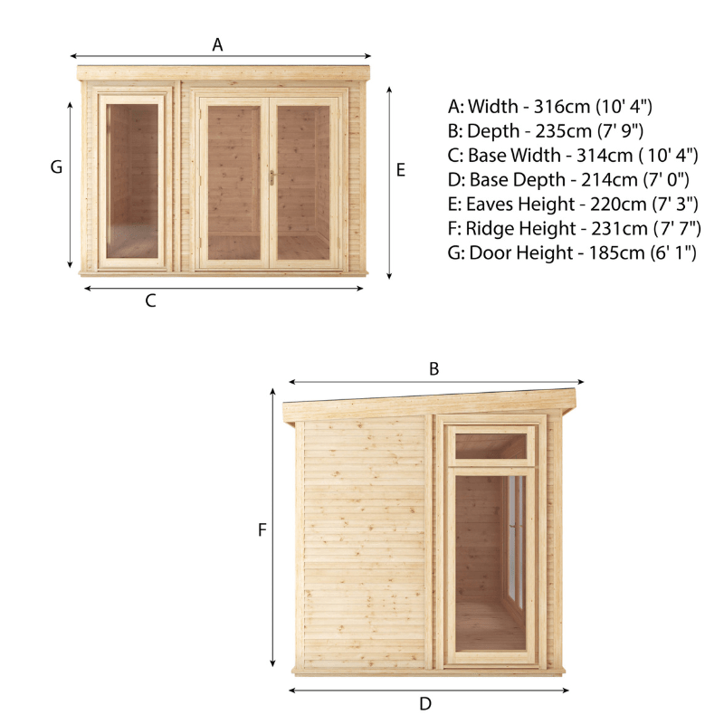Dimensions of a wooden cabin with labeled parts and measurements.