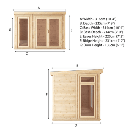 Dimensions of a wooden cabin with labeled parts and measurements.