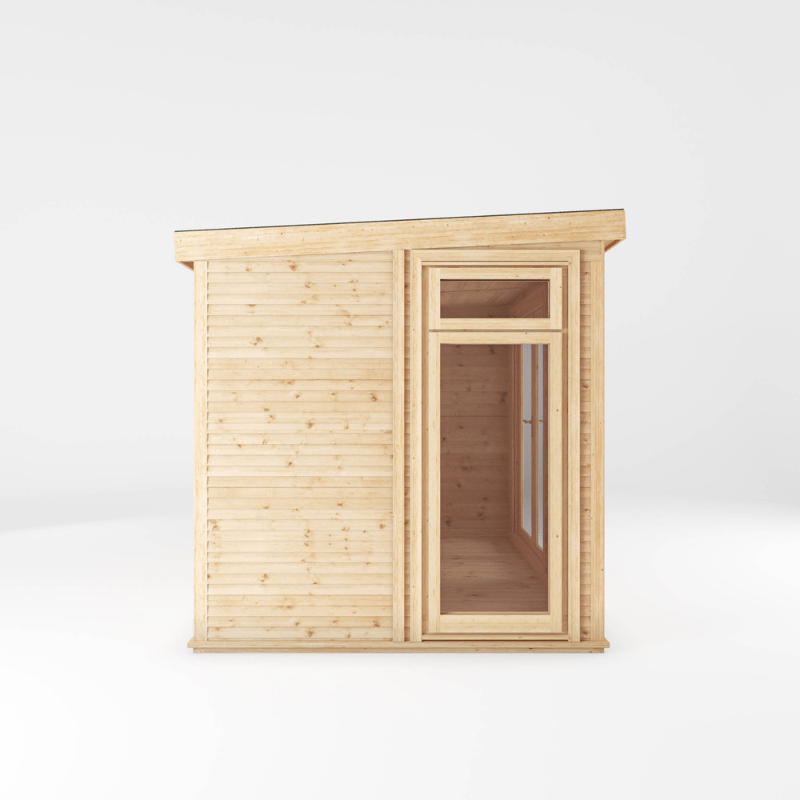 Wooden cabin with a door and window on a white background