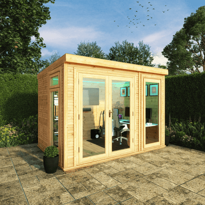 Wooden office pod with glass doors in a garden setting