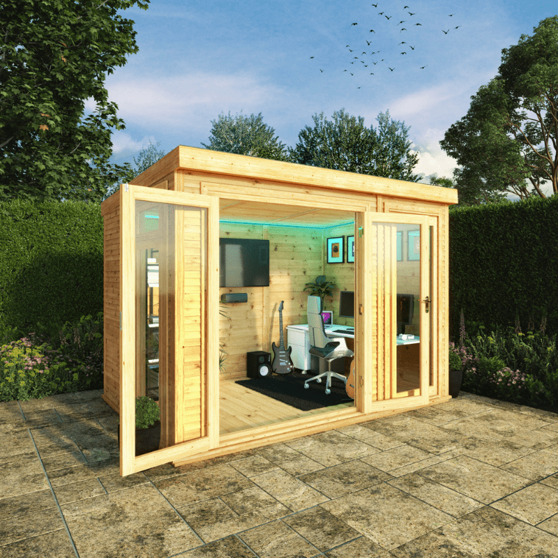 Wooden garden office with glass doors in a garden setting