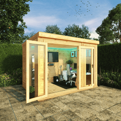 Wooden garden office with glass doors in a garden setting