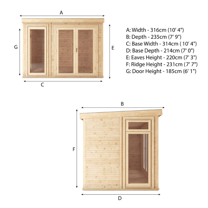 Dimensions of a wooden cabin with labeled parts and measurements.