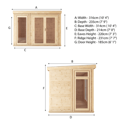 Dimensions of a wooden cabin with labeled parts and measurements.