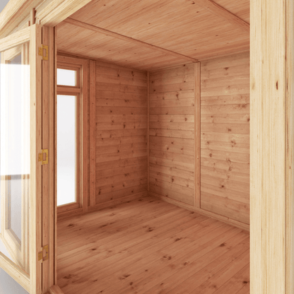 Wooden cabin interior with a door open, showing wooden walls and floor.