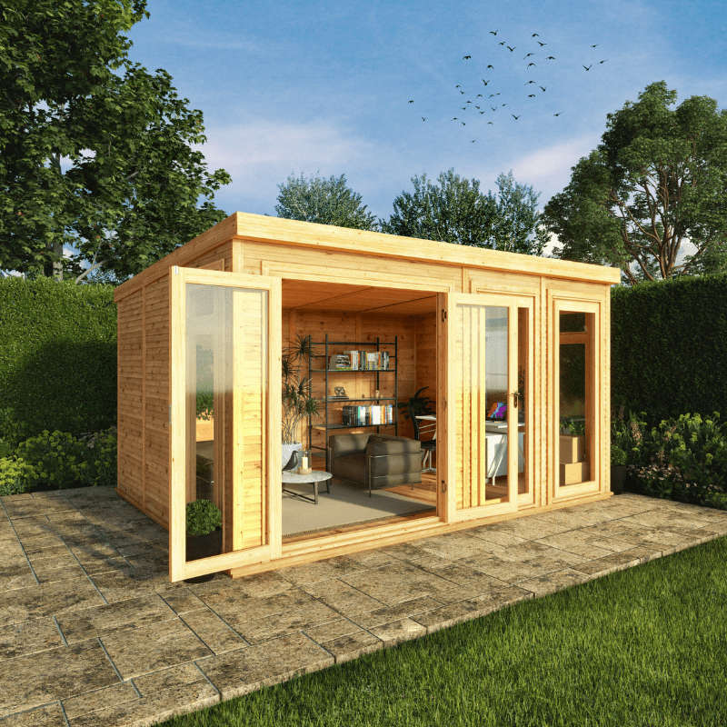 Wooden garden office with glass doors in a garden setting