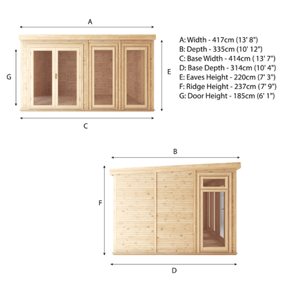 Dimensions of a wooden cabin with labeled parts and measurements.