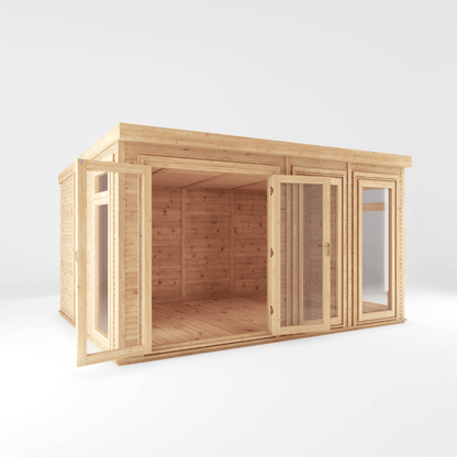 Wooden shed with glass doors on a white background