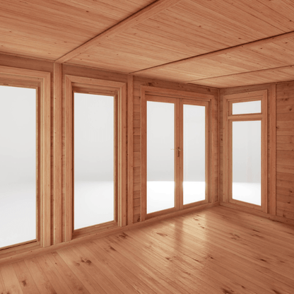Wooden room with large windows and a wooden ceiling.