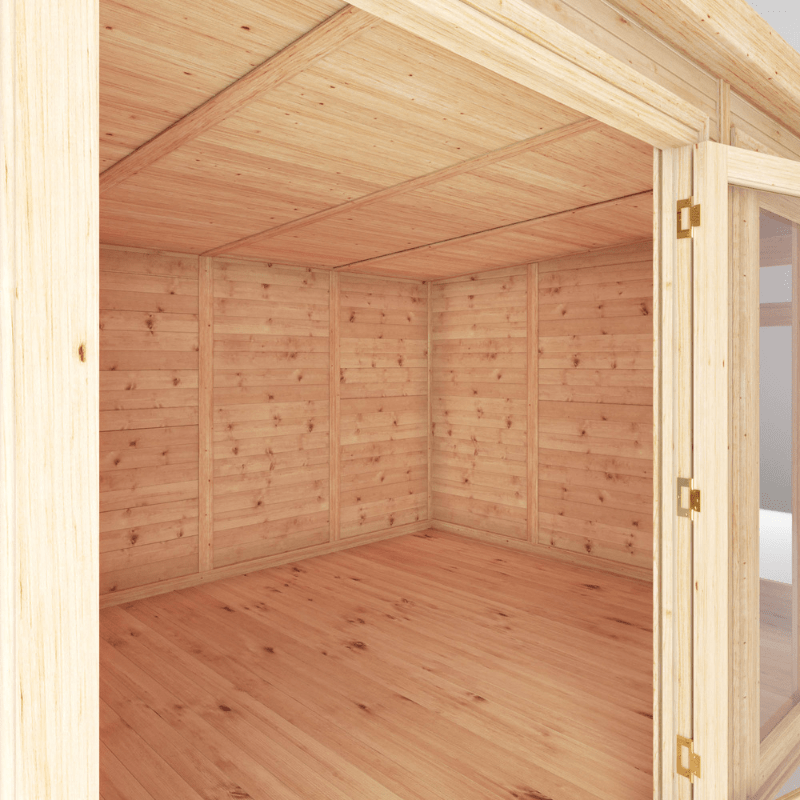Wooden shed interior with a clear door