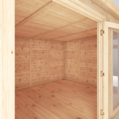 Wooden shed interior with a clear door