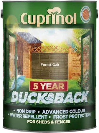 Cuprinol Ducksback paint can with a wooden shed background