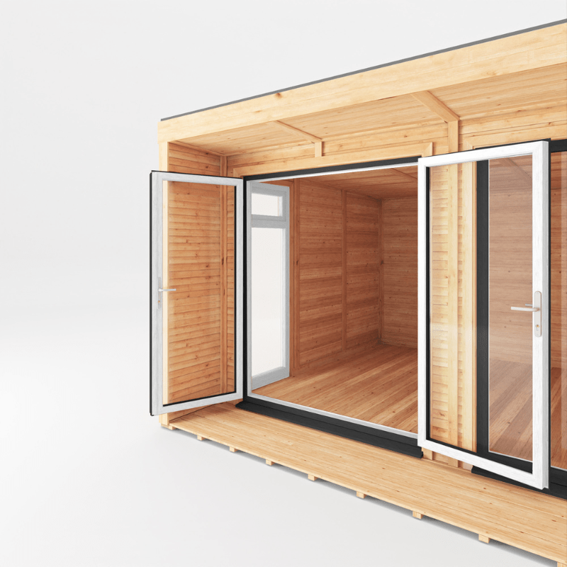 Wooden cabin with glass doors and windows on a white background