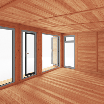 Wooden cabin interior with large windows and a wooden ceiling.