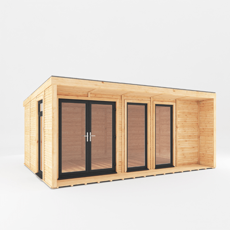 Wooden cabin with glass doors and windows on a white background
