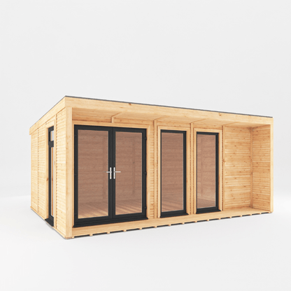 Wooden cabin with glass doors and windows on a white background