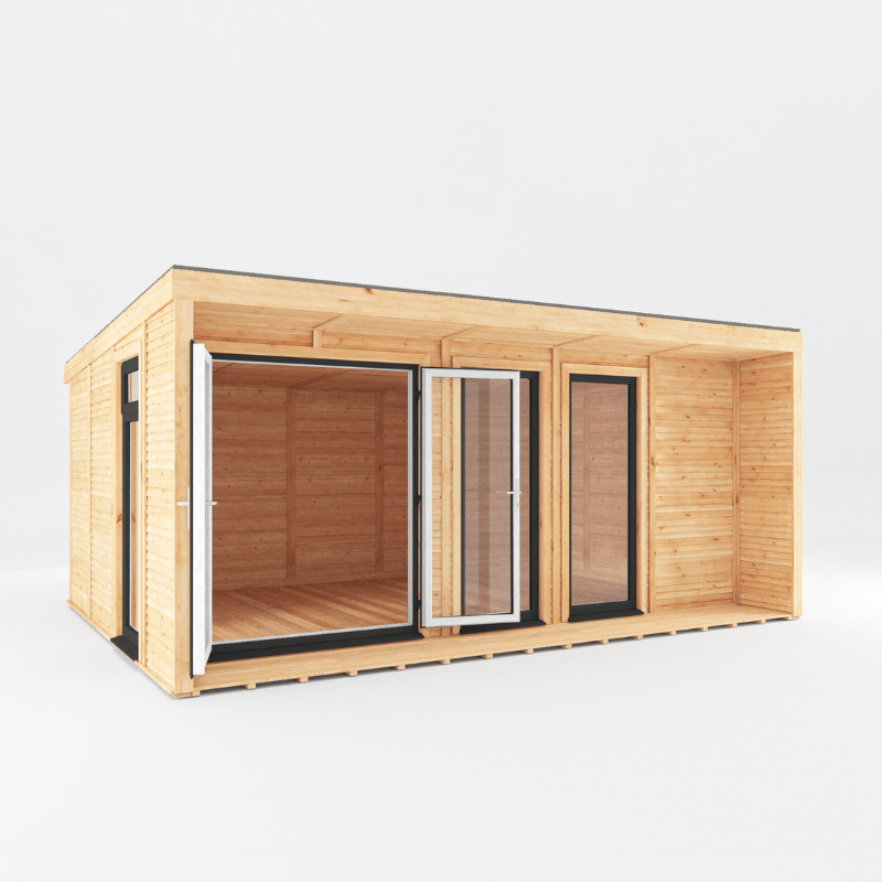 Wooden cabin with large glass windows on a white background