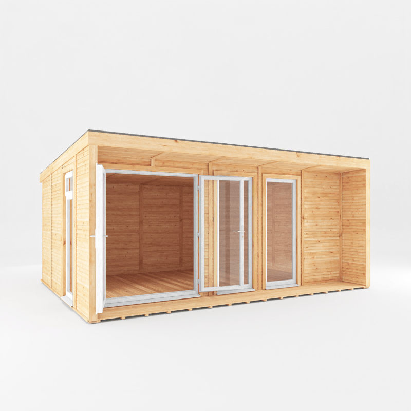 Wooden cabin with glass doors on a white background