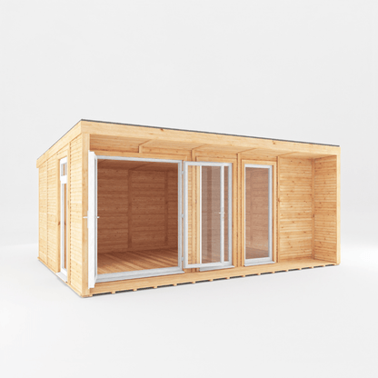 Wooden cabin with glass doors on a white background