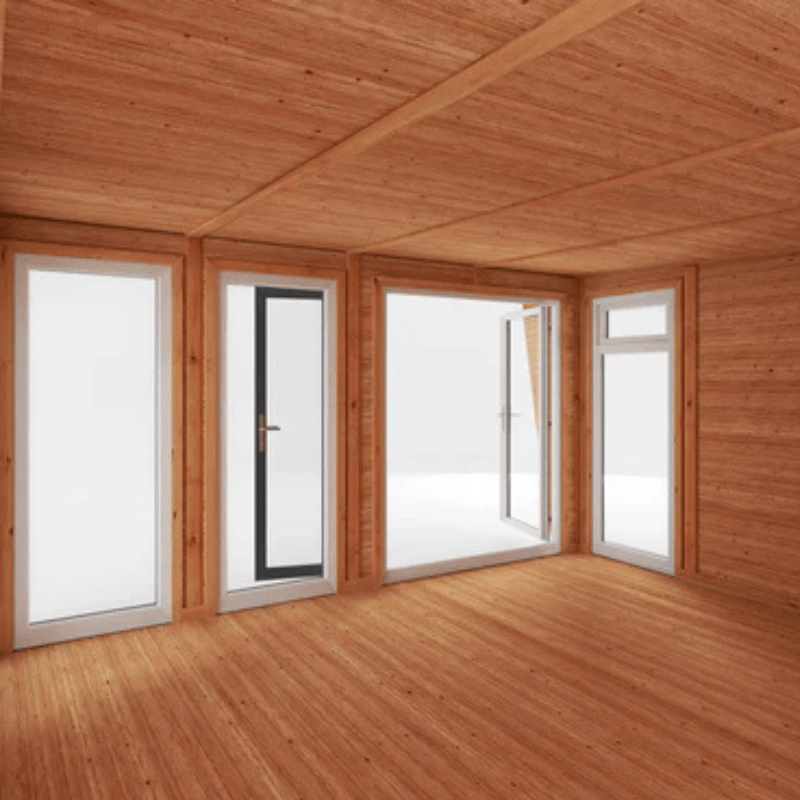 Wooden interior with large windows and a ceiling.