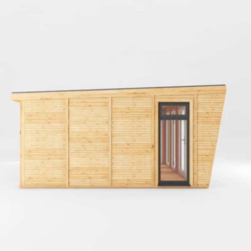 Wooden cabin with a glass door on a white background