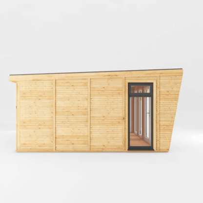 Wooden cabin with a glass door on a white background