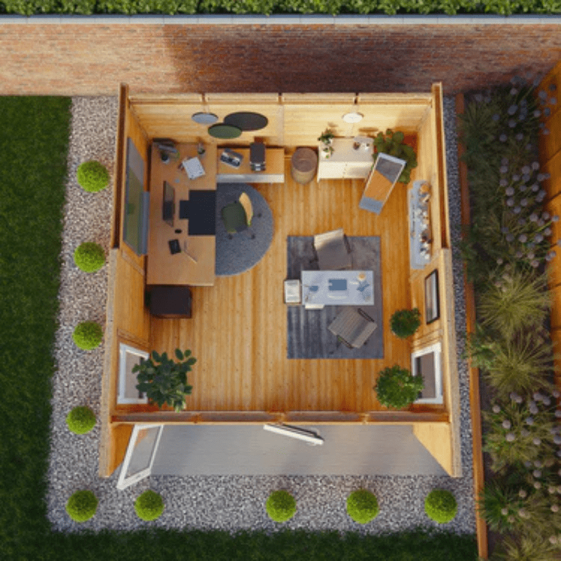 Top-down view of a small office space with furniture and decor.