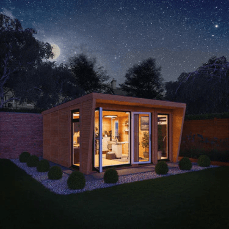 Modern house with open doors at night under a starry sky