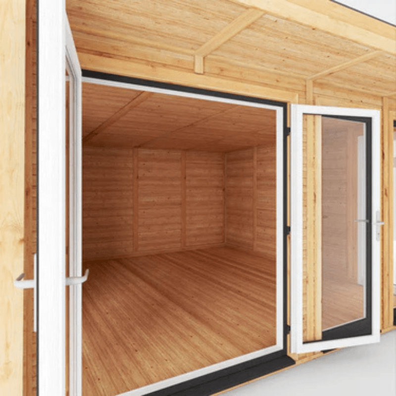 Wooden cabin with glass doors and windows