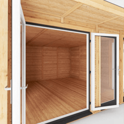 Wooden cabin with glass doors and windows