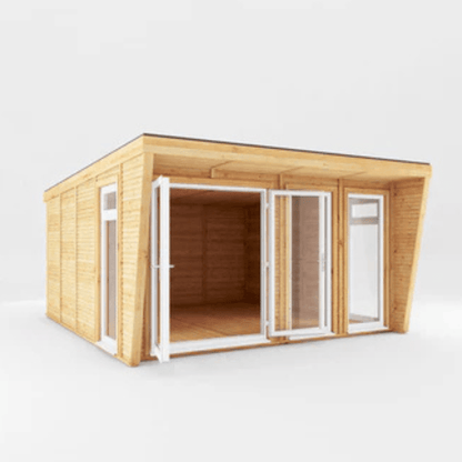 Wooden shed with glass doors on a white background
