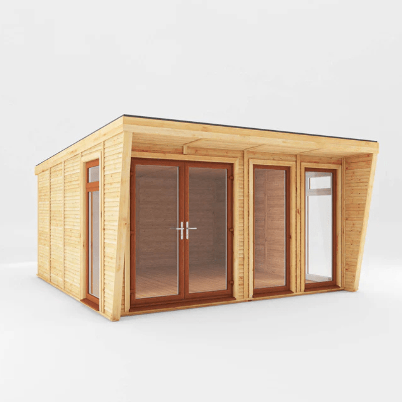 Wooden cabin with glass doors and windows on a white background oak