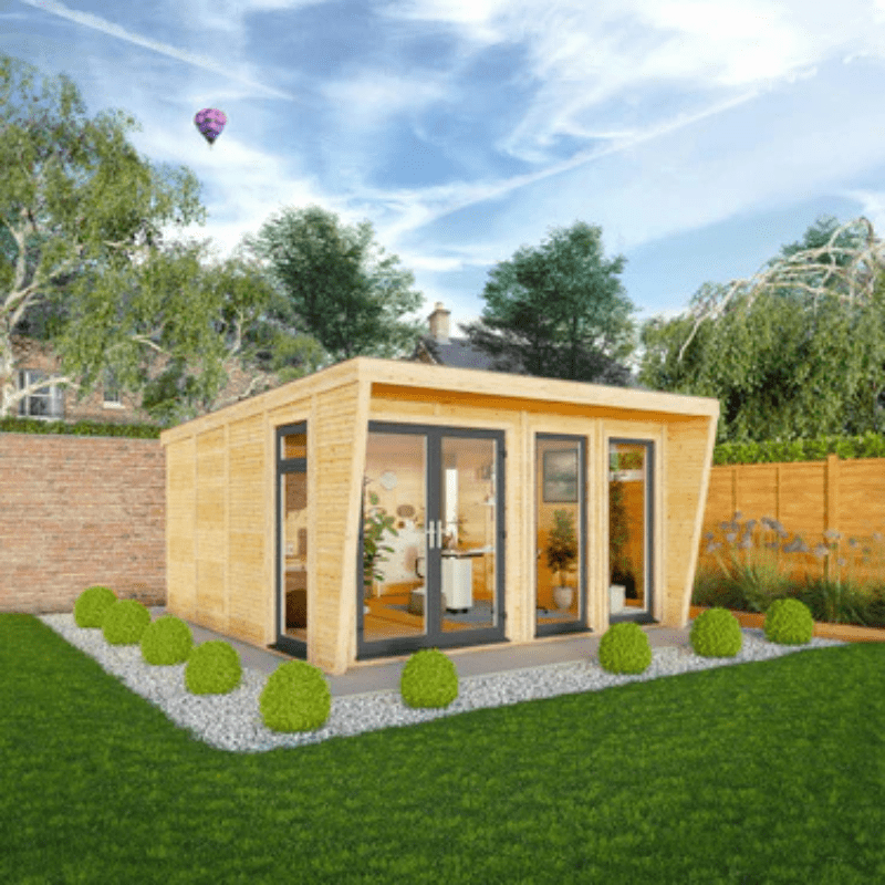 Wooden garden office with glass doors in a garden setting