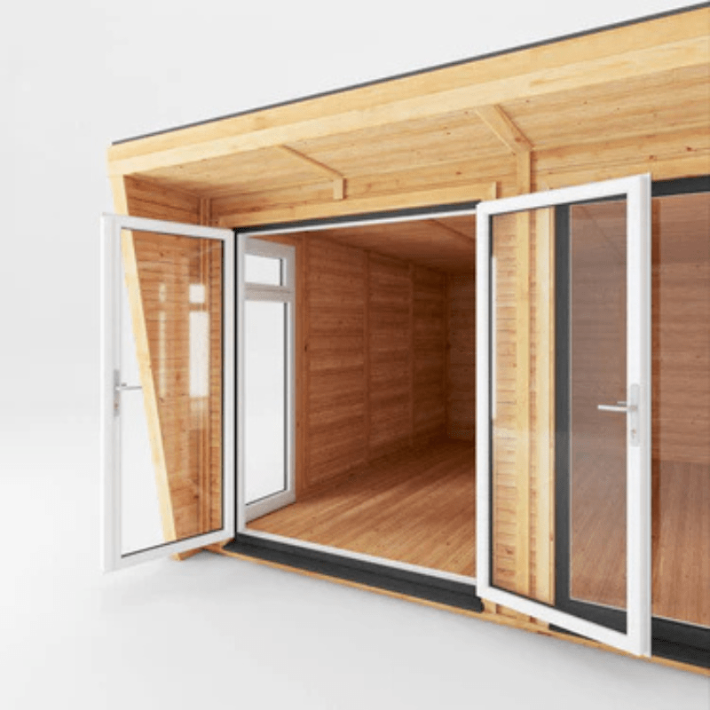 Wooden cabin with glass doors and windows on a white background