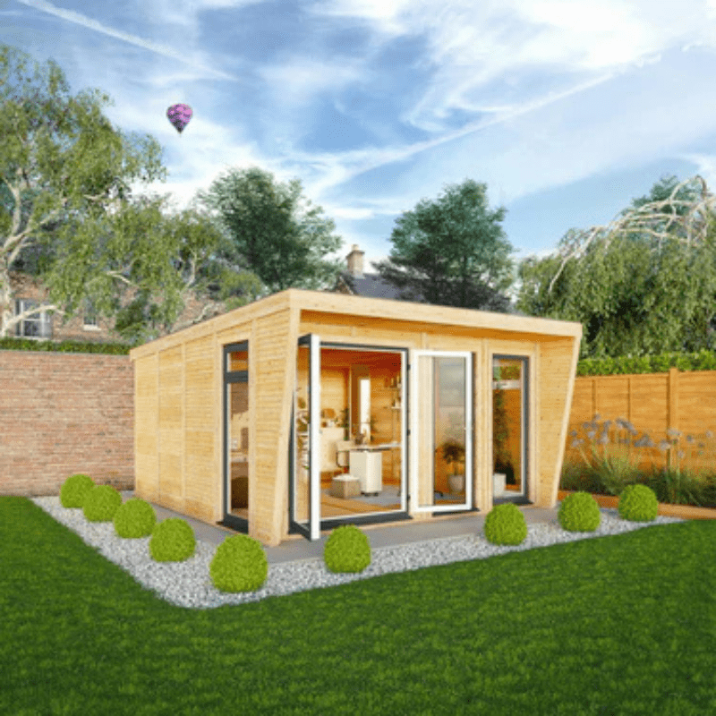 Wooden garden office with glass doors in a garden setting with trees and a hot air balloon in the sky.