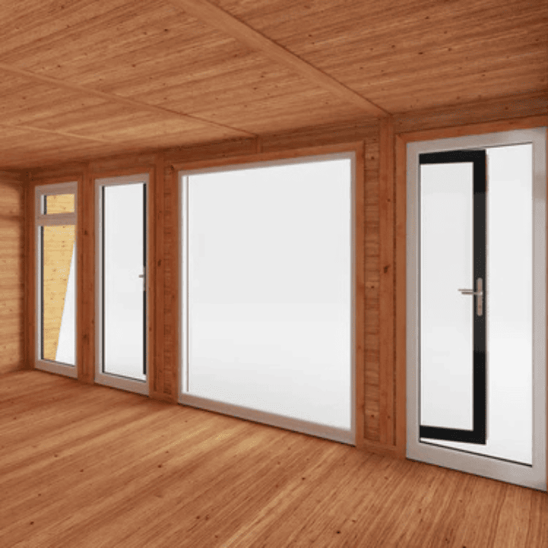 Wooden interior with large windows and doors