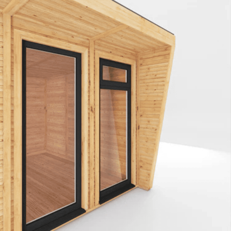 Wooden cabin with glass doors on a white background