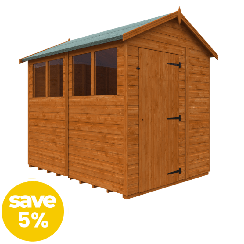 Wooden shed with a green roof on a white background, featuring a 'save 5%' label.