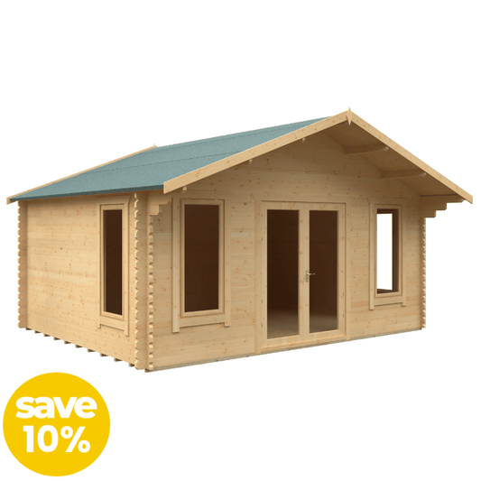 Wooden cabin with a green roof on a white background, featuring a 'save 10%' label.
